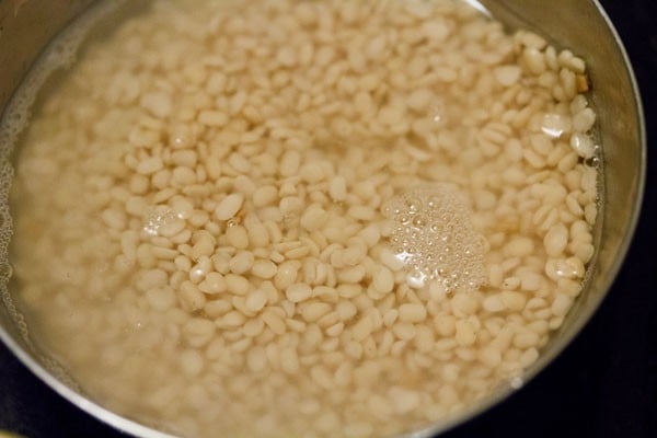 urad dal and fenugreek seeds soaking in water.