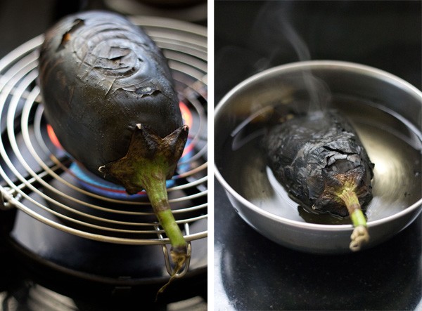 roasting eggplant or baingan on direct flame and soaking roasted eggplant in water. 