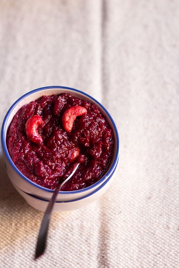 beetroot halwa served in a bowl 