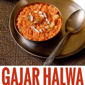 gajar ka halwa in a bronze bowl on a bronze plate with a bronze spoon by side
