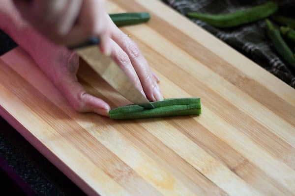 slitting okra. 