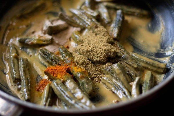 spice powders added to the besan bhindi. 