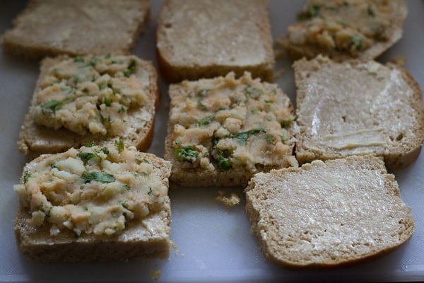 potato stuffing placed on bread slices
