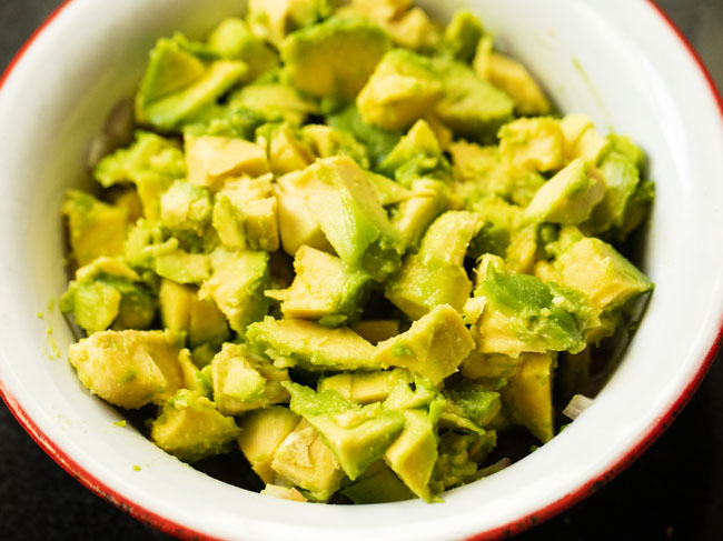 chopped avocados in the mixing bowl.