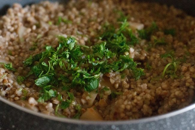 coriander leaves added to buckwheat khichdi