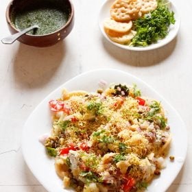 dahi papdi chaat served in a white square plate.