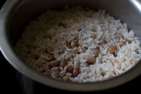 cooked rice and peanuts for bisi bele bath recipe. 