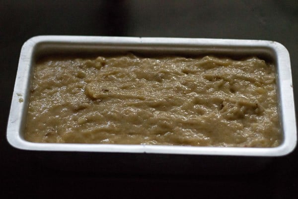 vegan banana cake batter in baking pan