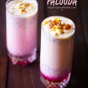 falooda drink served in two glasses and placed on a brown wooden board with a text layover