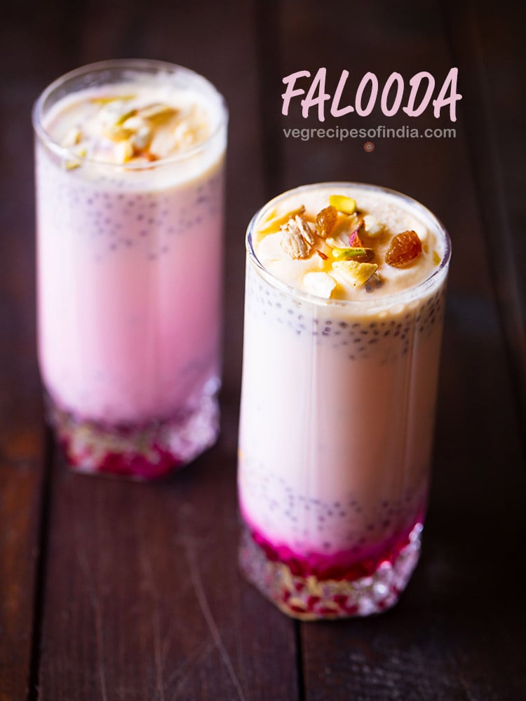 falooda drink served in two glasses and placed on a brown wooden board with a text layover
