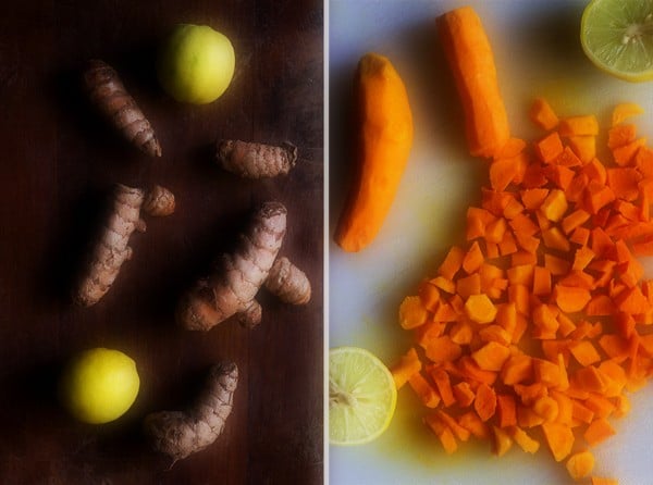 collage of whole fresh turmeric roots and chopped fresh turmeric roots with lemons.