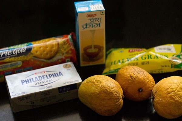 ingredients for eggless mango cheesecake recipe.