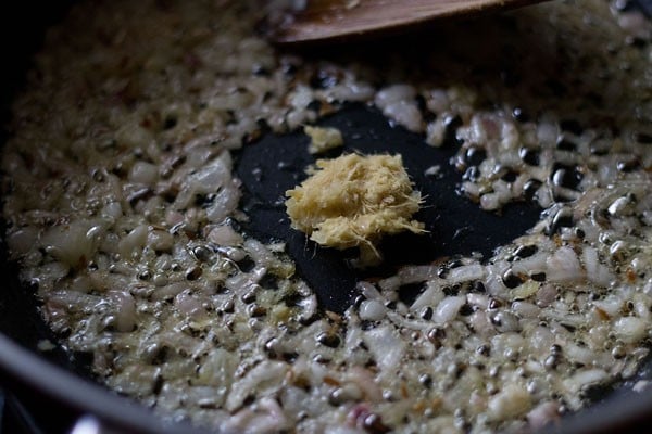 add ginger garlic paste - making tawa pulao recipe