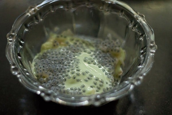 sabja seeds added on top of kulfi in a bowl. 