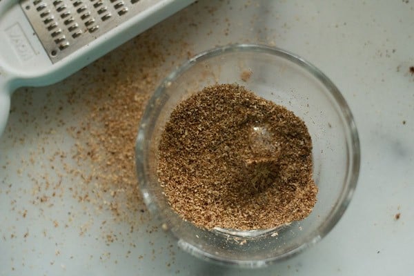 grated nutmeg in a bowl. 