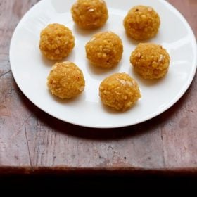 motichur laddu served on a white plate.