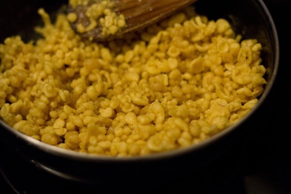 all the fried boondi added to sugar syrup