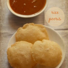 rice puri served on a ceramic plate with a curry in a bowl kept on the top and text layovers.