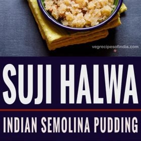 collage of suji ka halwa served in a blue bowl with text layovers.