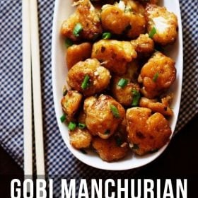 Top shot of Gobi Manchurian in a rectangular white tray with text layovers