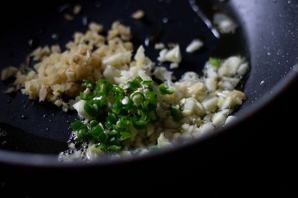 ginger, garlic and green chilies in a pan