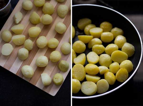 steamed and peeled baby potatoes getting sautéed. 