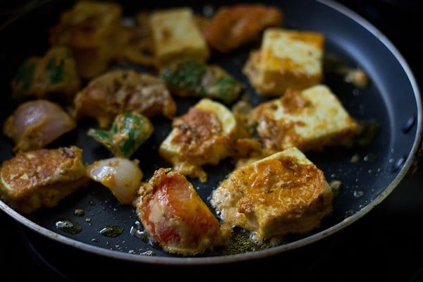 pan frying paneer tikka cubes