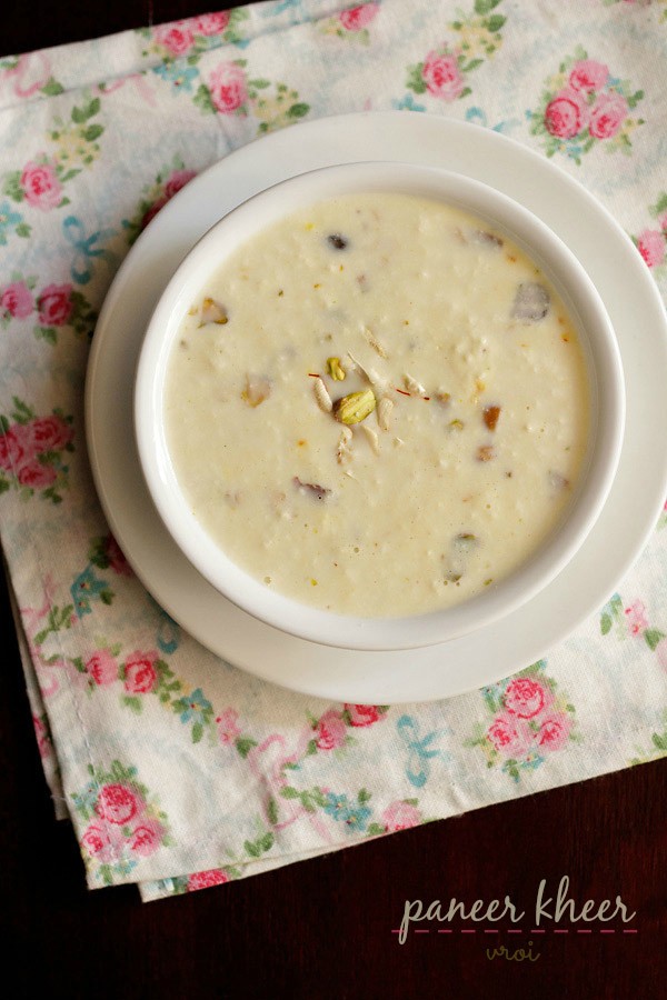 paneer kheer served in a white bowl.