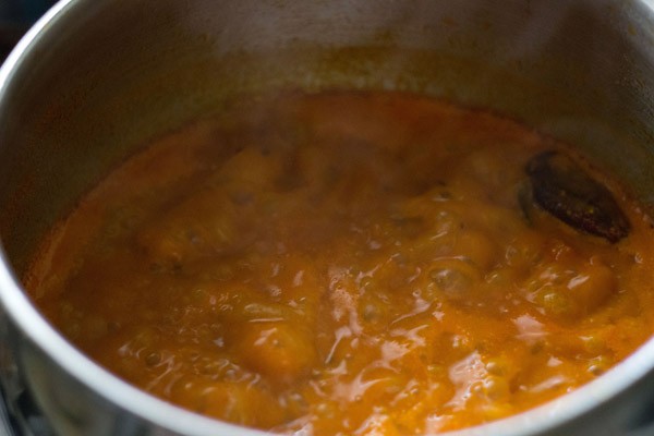 simmering tomato curry in pan. 