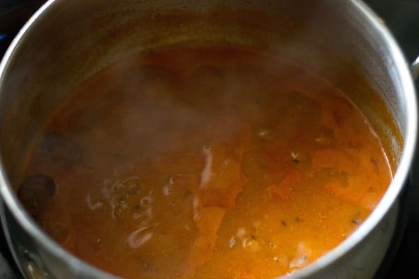 simmering tomato curry in pan. 