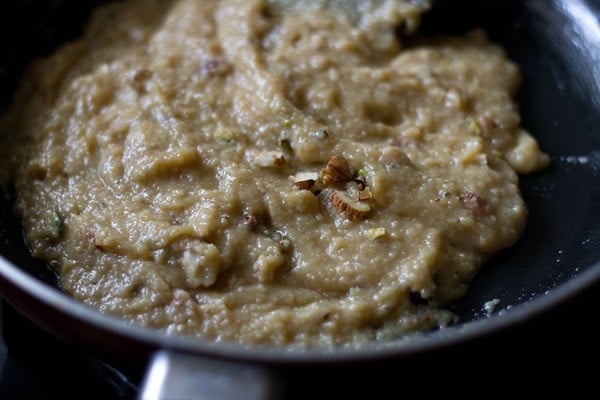 nuts mixed well into the sweetened khoya mixture. 