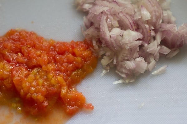 chopped onions and finely chopped blanched tomatoes.