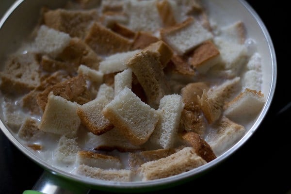 add bread cubes to milk to make bread pudding.