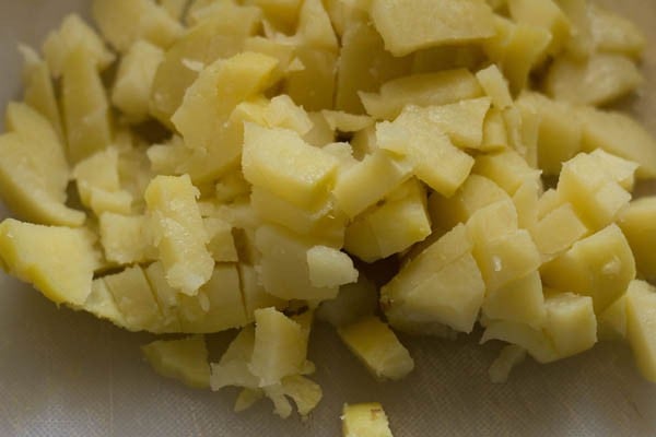 peeled, boiled and chopped potatoes for potato bhaji for dosa. 