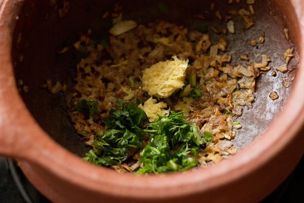 adding ginger-garlic paste for veg handi recipe