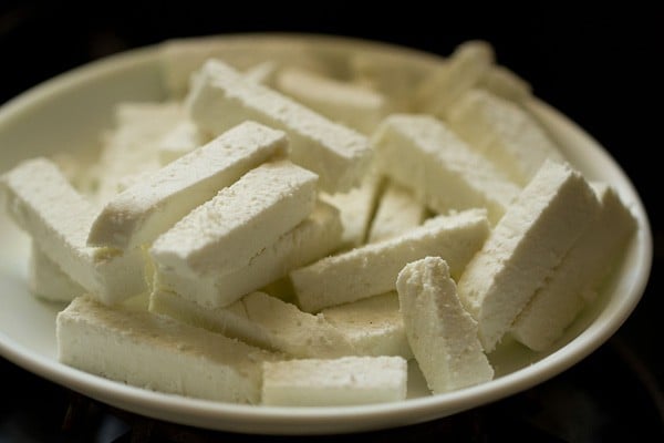 paneer strips on a white plate