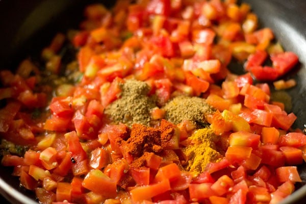 spice powders added to the tomatoes in the pan. 