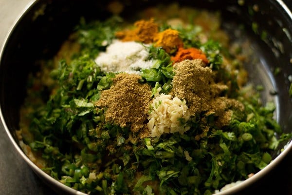 mashed veggie mixture and spices in a bowl