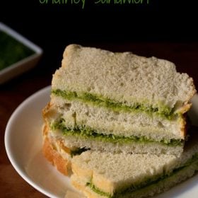 chutney sandwich slices served on top of each other on a white ceramic plate with text layover.