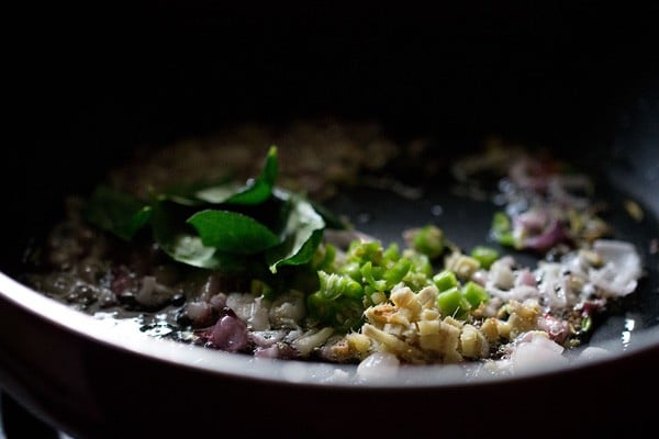 ginger, chilies and curry leaves added to pan