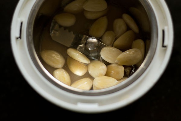 blanched and peeled almonds in a grinder
