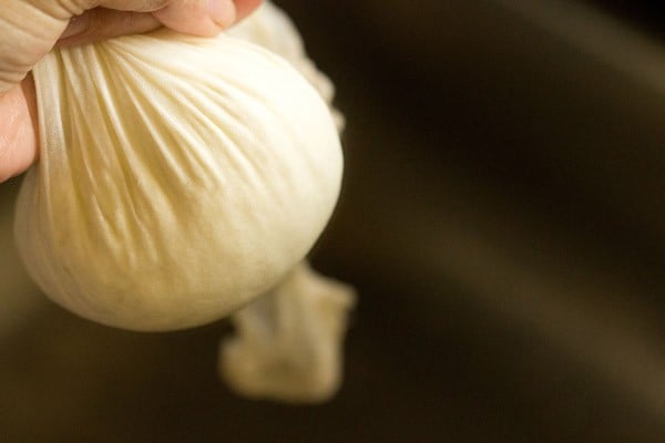 squeezing excess moisture from the chenna for making rasgulla