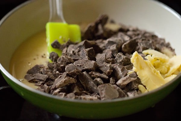 chopped couverture chocolate , condensed milk and butter in a pan.