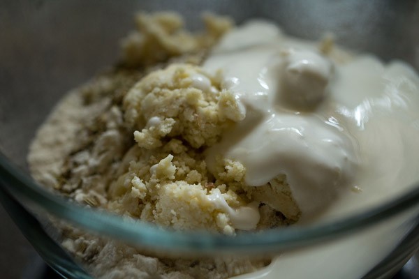 khoya and yogurt added to dry ingredients