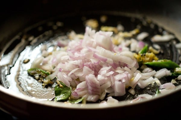 adding chopped onion to the skillet with aromatics
