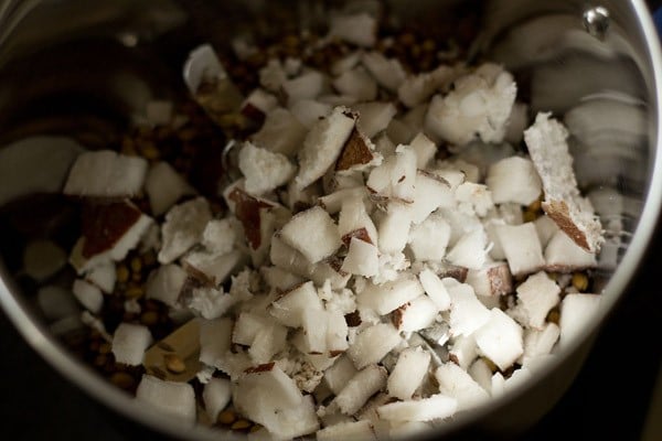 roasted spices and chopped coconut added to grinder jar. 