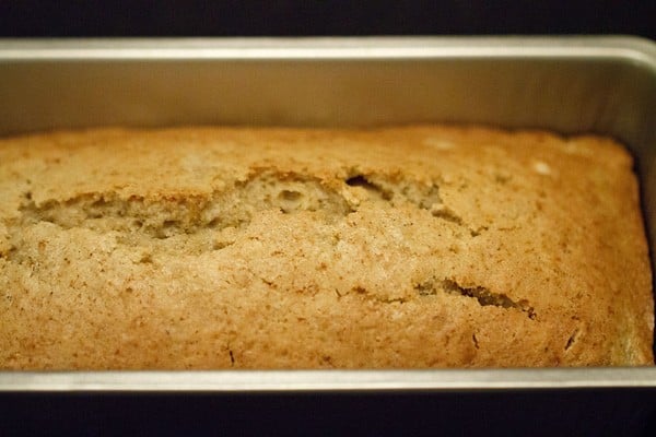 applesauce cake after baking -- it has a light golden top that is slightly split.