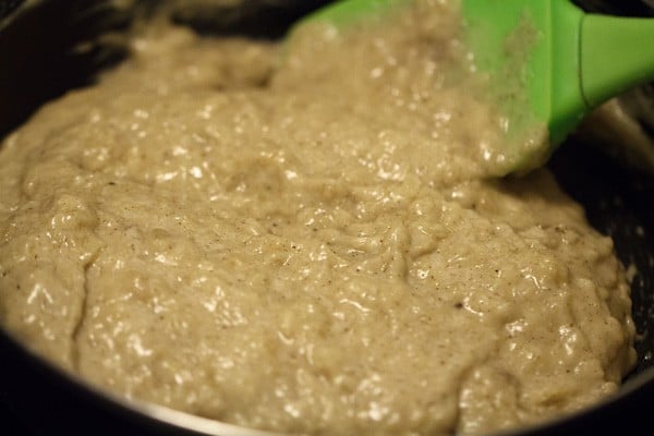 eggless applesauce cake batter after mixing in dry ingredients.