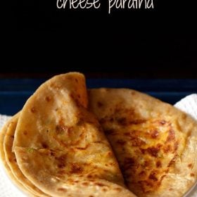 cheese paratha served on a plate with text layover.