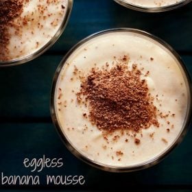 overhead shot of banana mousse garnished with grated chocolate and served in glass bowls with text layovers.